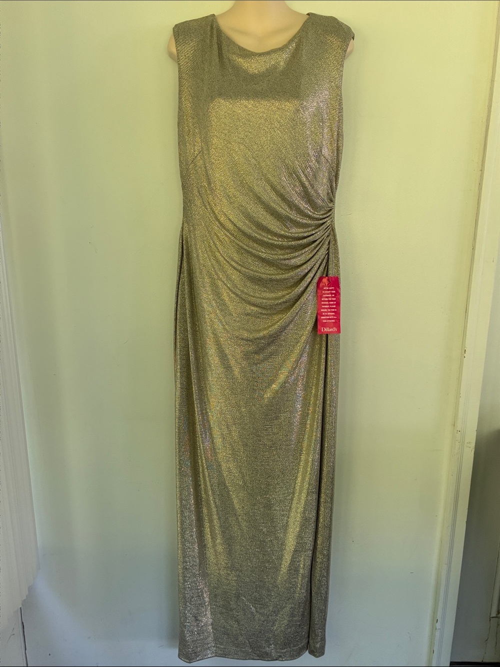Ralph Lauren Evening Shimmery Gold Evening Gown Side Rouged Back Drape 14 NEW